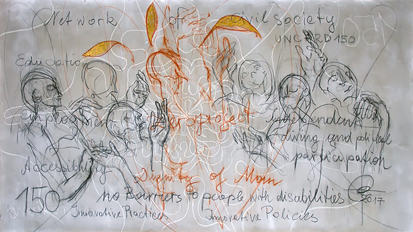 An artwork featuring sketched images of people, with the words 'Civil society', 'accessibility', 'No barriers' and 'dignity', among others.