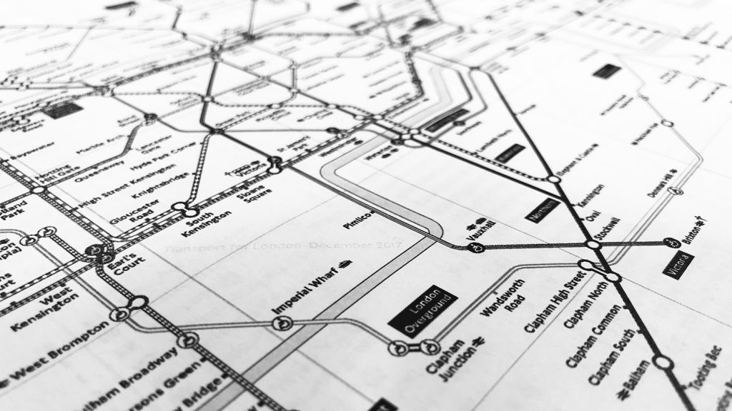 A version of the London Tube map, with lines distinguished using dots, dashes and shading instead of colours.