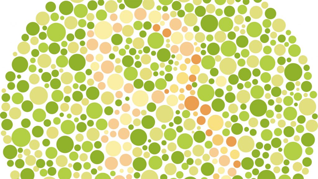 An Ishihara colour blindness test, showing green dots with the number 8 picked out in shaded red dots.