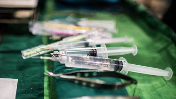Syringe and other surgical equipment.