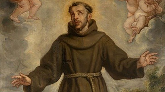 A historical painting of St Francis of Assisi, wearing a brown robe and holding his arms outstretched.