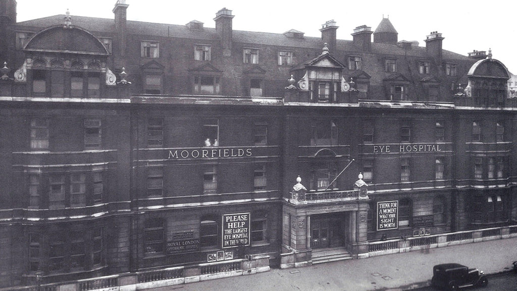 A black-and-white photo showing the original Moorfields Eye Hospital building.