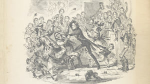 An illustration from Nicholas Nickleby showing character Wackford Squeers fighting with a man as a crowd looks on.
