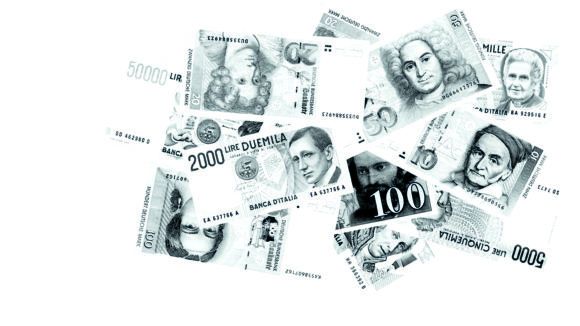 Old European currency notes, including marks and lira.