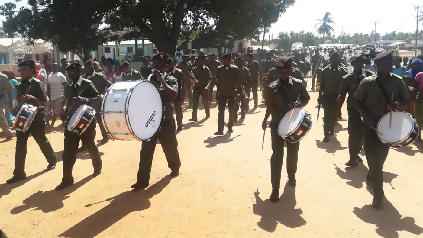 A marching band with drums.