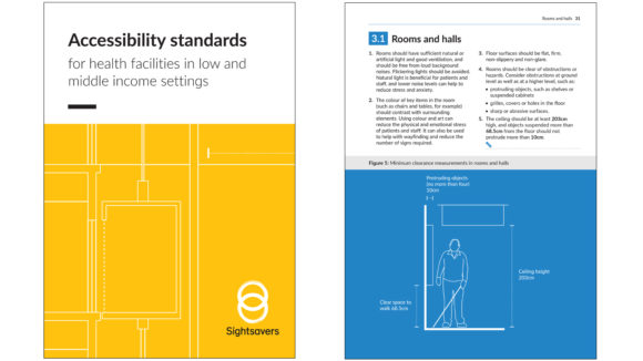 The front cover and an internal page from Sightsavers' accessibility standards document, featuring the text 'Accessibility standards for health facilities in low and middle income settings'.