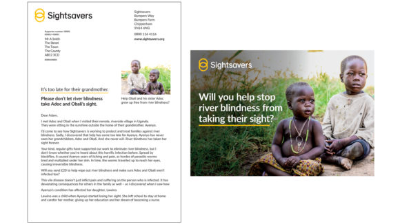 Example of Sightsavers' direct mail letter, featuring the logo, text and a small image, plus an envelope with a large image and the words 'Will you help stop river blindness from taking their sight?'.