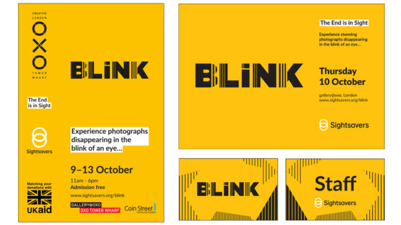 Examples of documents from Sightsavers' BLINK exhibition, featuring a yellow background and the text 'BLINK'.