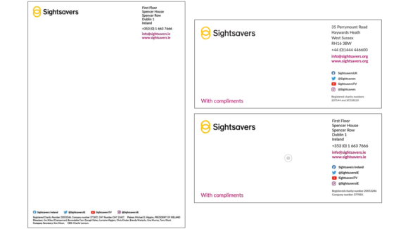 Examples of Sightsavers' letterhead and compliments slips, featuring the Sightsavers logo, the office address, plus social media handles and charity numbers.