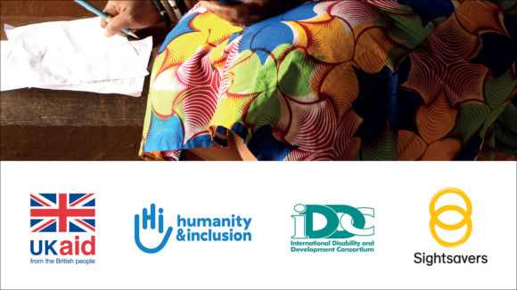 Example of a Sightsavers brochure cover with the SIghtsavers logo plus three partner logos.