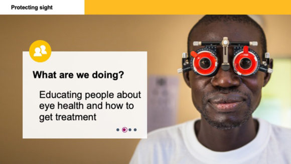 An example of Sightsavers' ready-made slide deck, showing an image and the text 'What are we doing?'