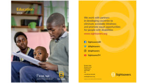 Example of Sightsavers' report front cover, with the text 'Education 2019', and back cover with the Sightsavers mission statement.