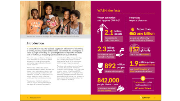 An example of a Sightsavers policy document. The first page has an introduction and text; the second page has a raspberry-coloured infographic.