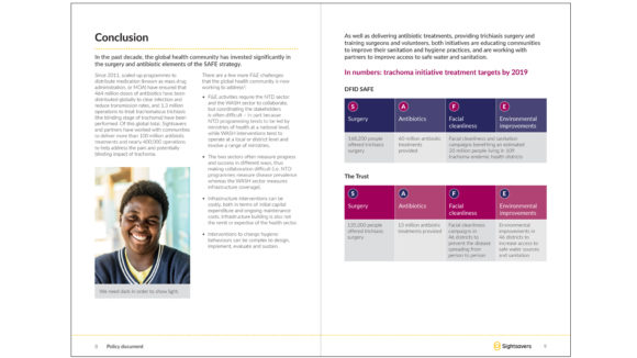 Another example of a Sightsavers policy document. The first page has a conclusion; the second page has two tables.