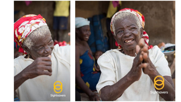 Examples of social media images in landscape and square orientation, showing a woman smiling and a Sightsavers logo.