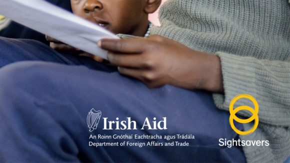Example of a Sightsavers brochure cover with the SIghtsavers logo plus the Irish AId logo..