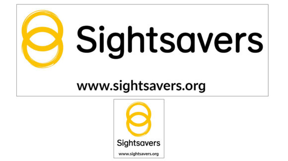 Two examples of Sightsavers' vehicle stickers, a small and a large version, featuring the Sightsavers logo and en.sightsavers.co.