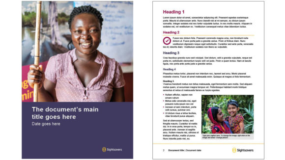 Two examples of a Sightsavers Word document. The first is a blueberry cover page with an image. The second contains text and headings.