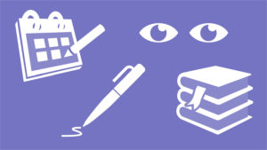 A lilac illustration showing icons for a calendar, eyes, a pen and books.