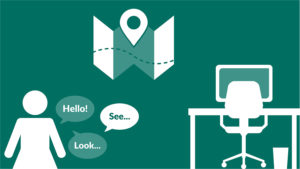 A green illustration showing icons for a map, a person talking and a desk.
