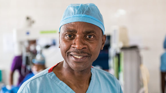 Eye surgeon, Doctor Msukwa in his scrubs at a hospital in Malawi.