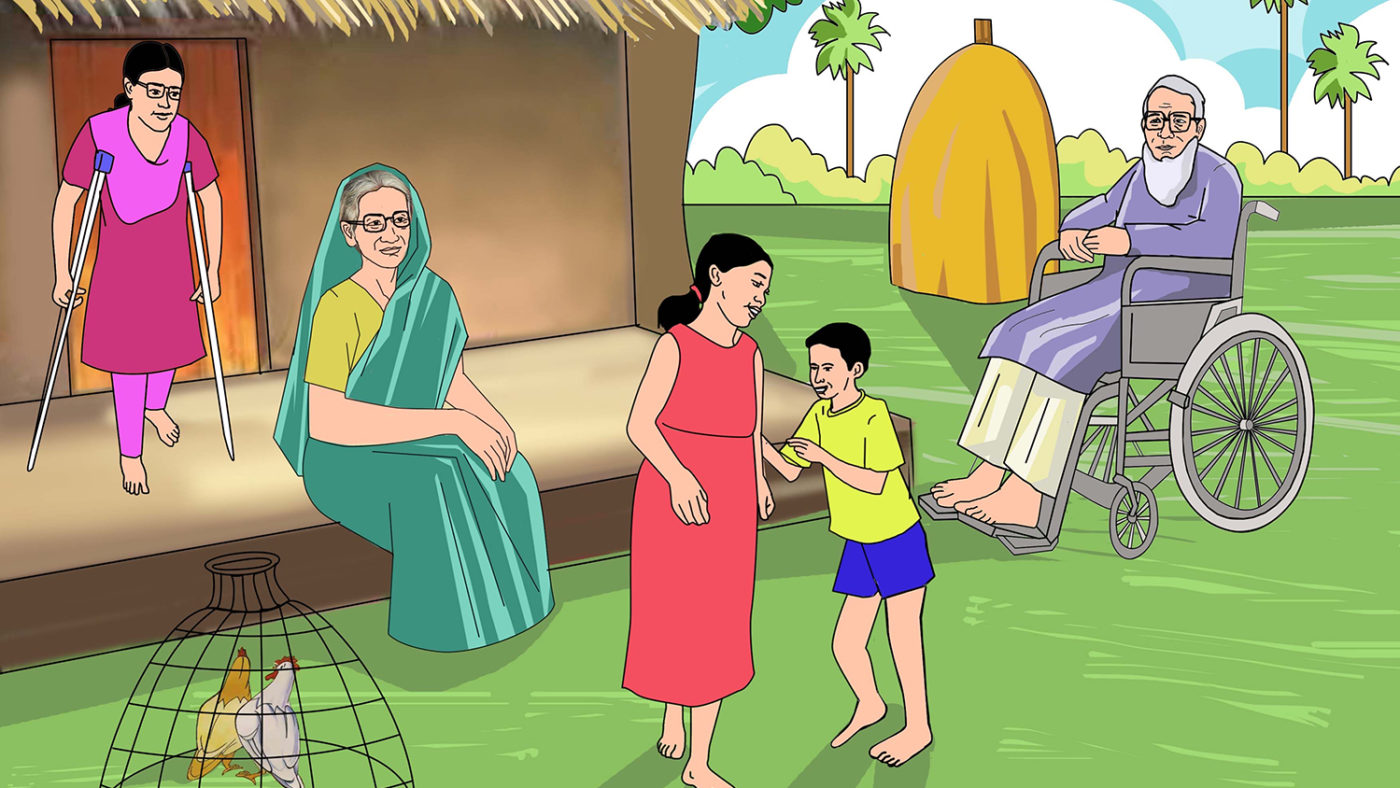 An illustration of a Bangladeshi family outside their home.
