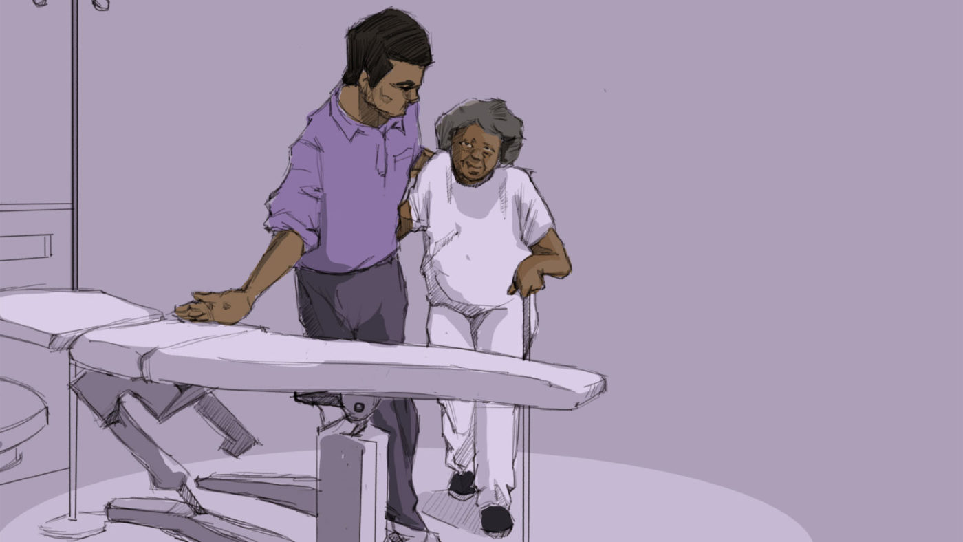 An illustration of a man helping an elderly woman with a walking stick onto a hospital bed.