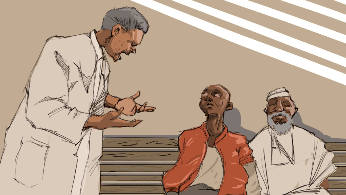 A illustration of a man in a white medical gown shouting at two men who are sat on a bench in a hospital.