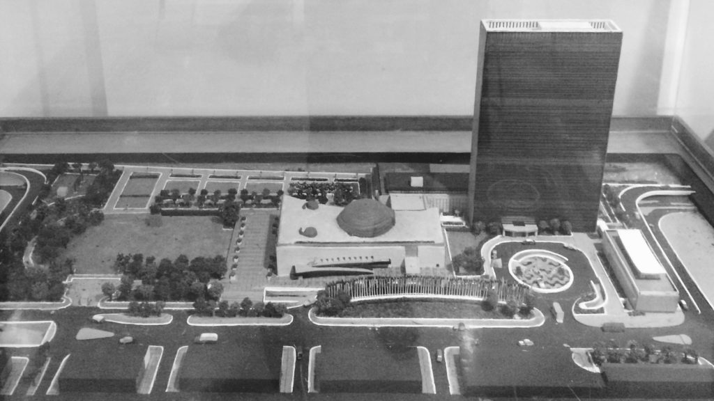A black and white photo of a scale model of the United Nations.