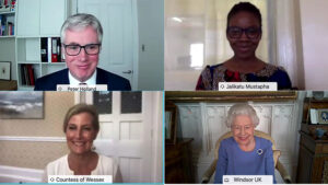 A screenshot of a video call between Peter Holland, Jalikatu Mustapha, the Queen and the Countess of Wessex.