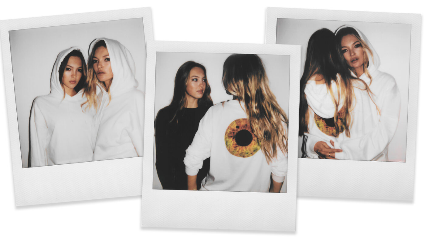 Three stylised photos of Kate Moss and her daughter wearing merchandise from the Eyescapes range.