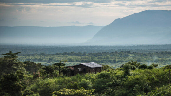 A photo of a landscape, with forested plains and a few low houses. In the background is a large mountain, wreathed in mist.