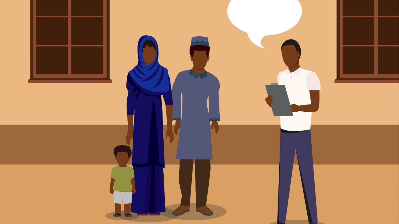 An illustration showing a man with a clipboard, talking to a group of three people. The group includes a man, a woman and a little boy.