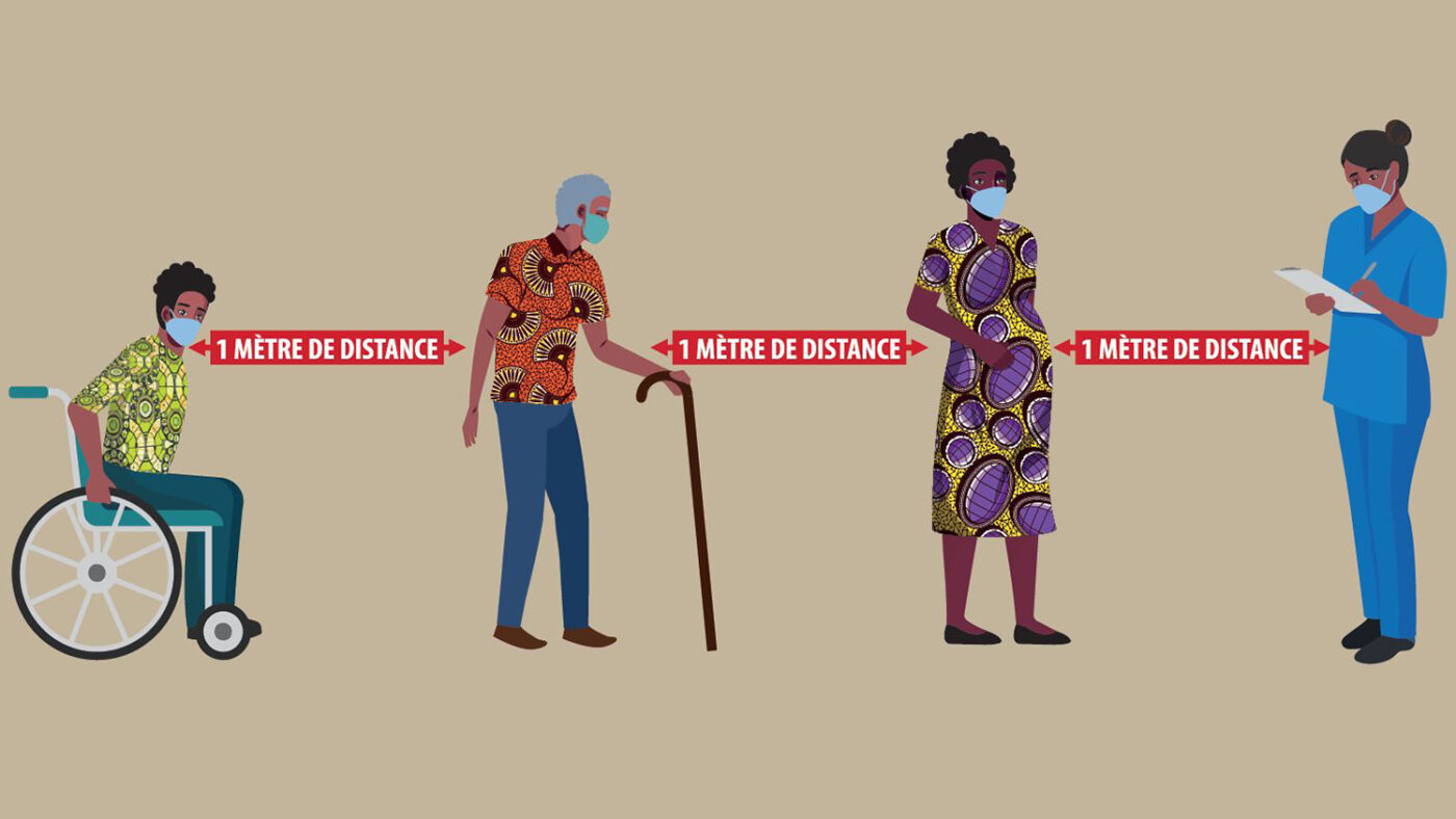A diagram showing four people each standing a metre away from each other, with red arrows saying '1 metre de distance'.