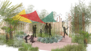 An artistic representation of Sightsavers' inclusive sensory garden at Bord Bia Bloom in Dublin. Trees and foliage surround an earth pathway. Children and adults are gathered under three colourful awnings.