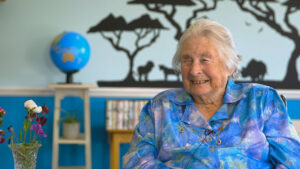 Sightsavers co-founder Lady Jean smiles during an interview.