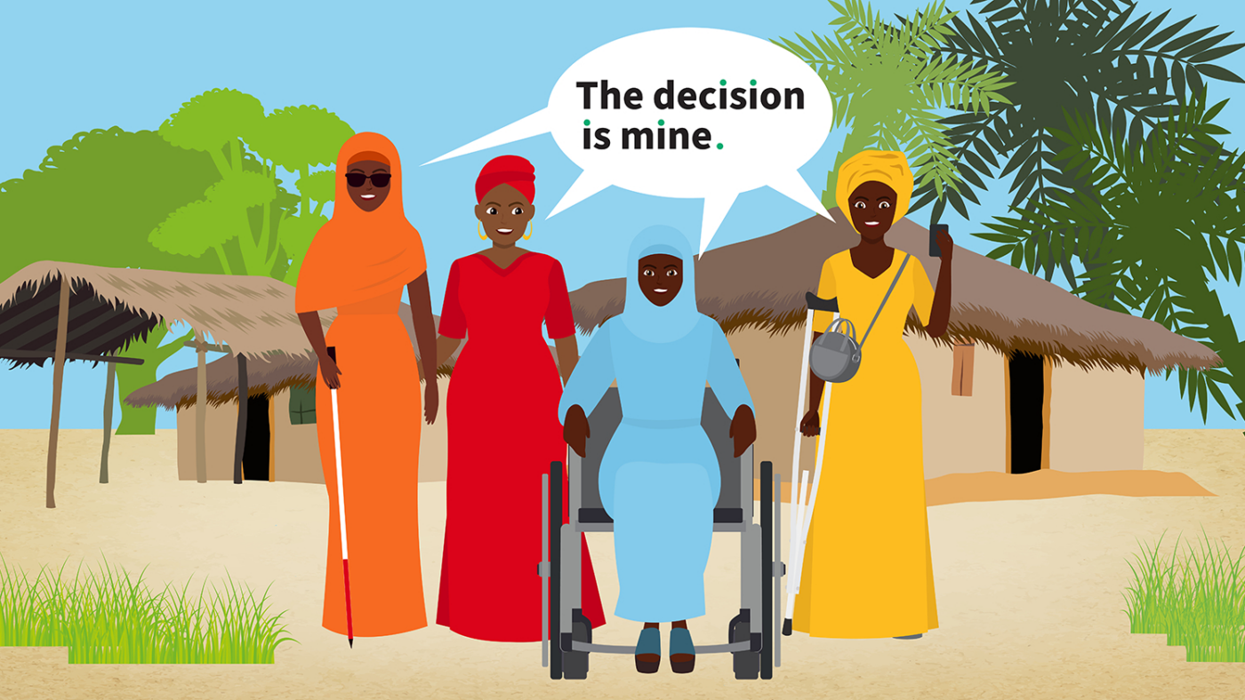 Animation still showing four African women with different disabilities. A speech bubble linked to all of them reads 'The decision is mine'.