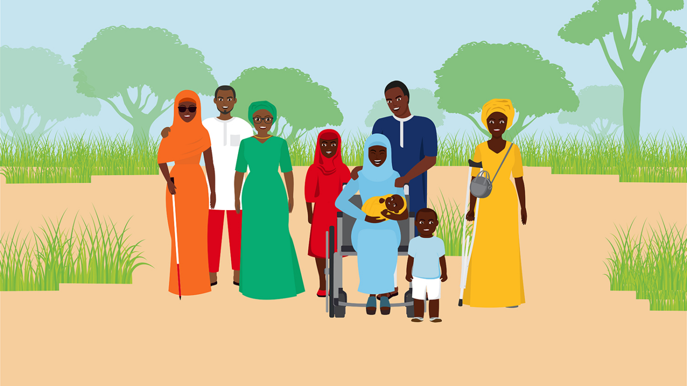 An animation still showing a large group of people gathered around a woman is using a wheelchair and smiling while holding a baby.