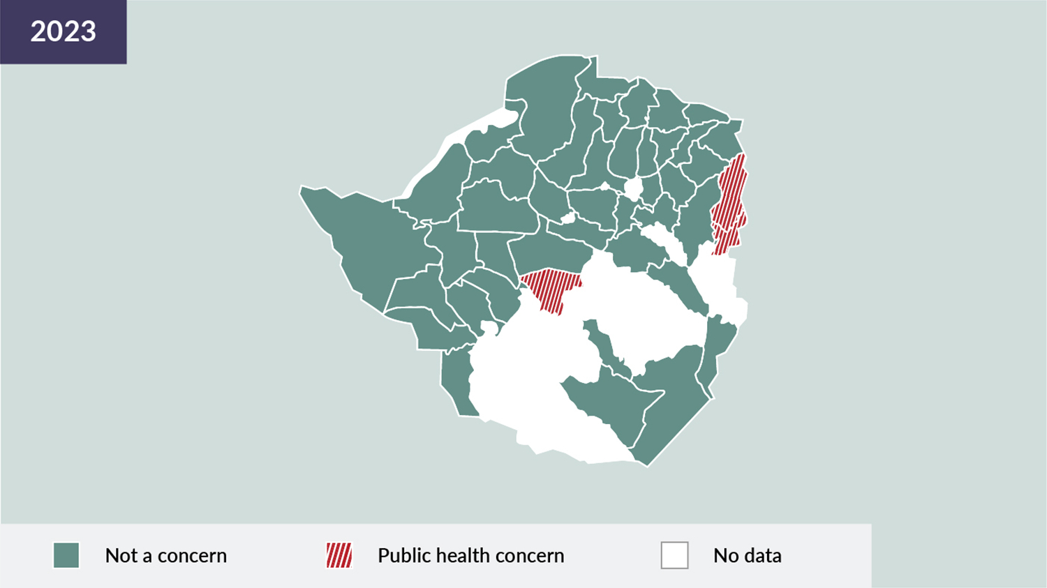 A map graphic of Zimbabwe representing trachoma prevalence for each district in 2023
