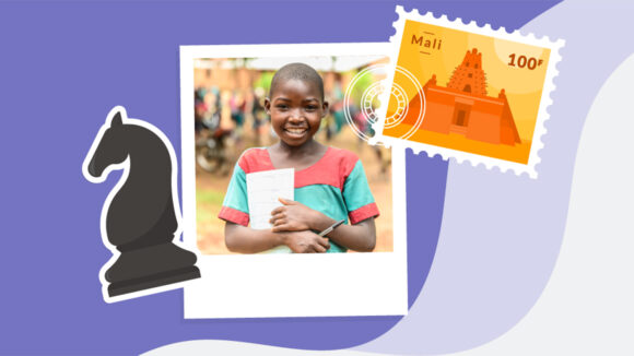 A Polaroid-style photo of a young girl smiling, alongside illustrations of a Mali stamp and a knight chess piece.