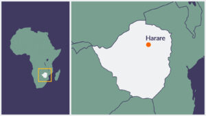 A map of Zimbabwe, with Harare highlighted.
