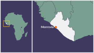 A map of Liberia, with Monrovia highlighted.
