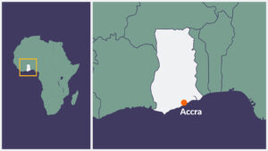 A map of Ghana, with the capital, Accra, highlighted.