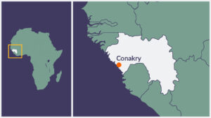 A map of Guinea, with the capital Conakry highlighted.