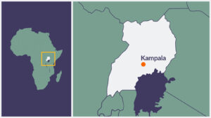 A map of Uganda, with the capital Kampala highlighted.