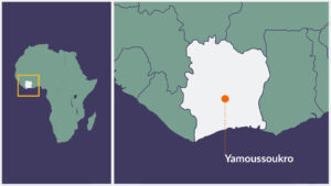 A map of Cote d'ivoire, with the capital Yamoussoukro highlighted.
