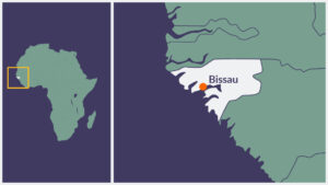 A map of Guinea-Bissau, with the capital Bissau marked with an orange spot.