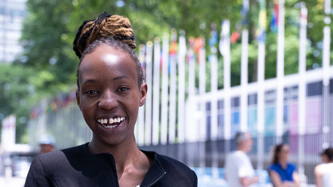 Maryanne stands outside the UN building in New York during COSP-18.
