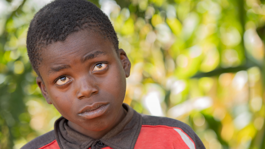 A young boy looks up. Behind him are leaves and greenery.