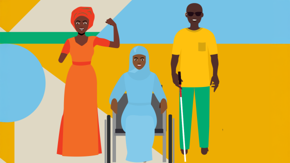 A cartoon image of three people with visible disabilities.